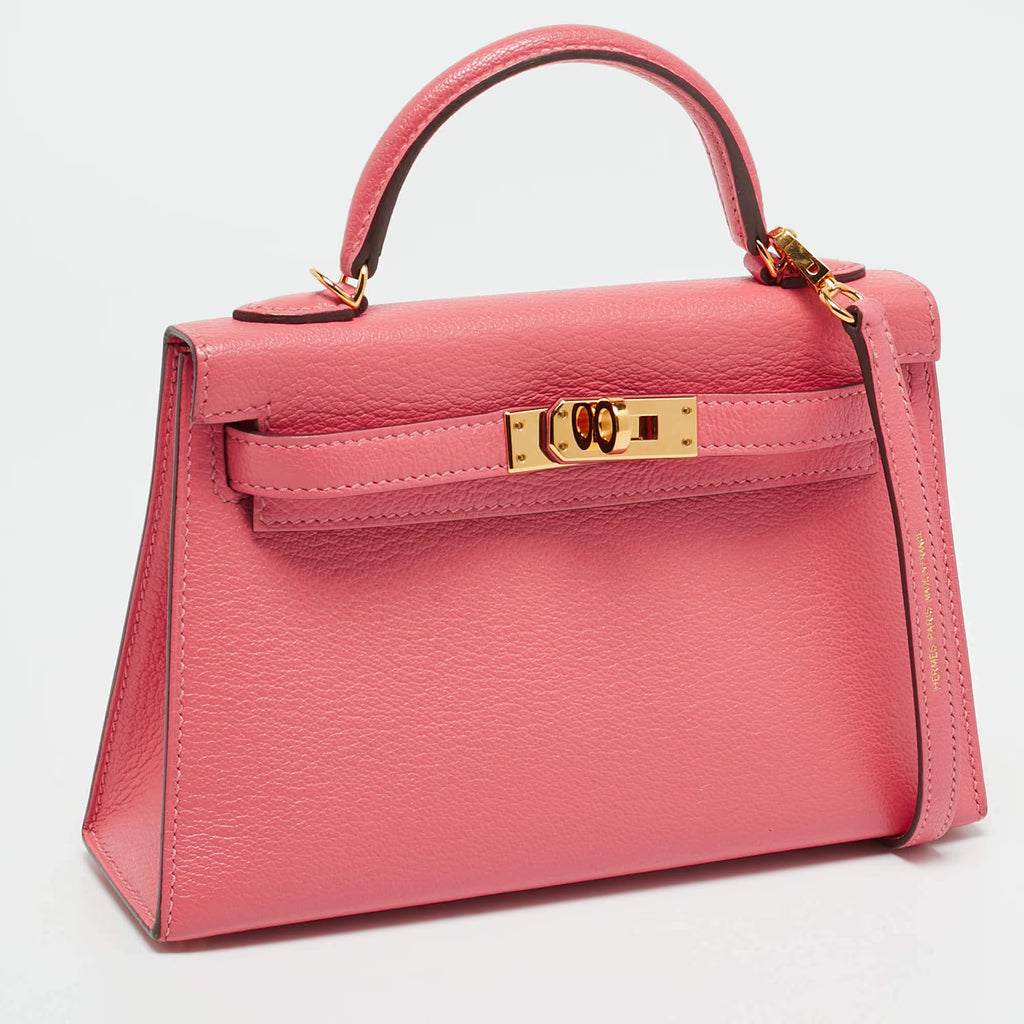 Hermes Kelly II Sellier Mini 20 Gold Finish Rose Azalee Chevre Leather Top Handle Bag