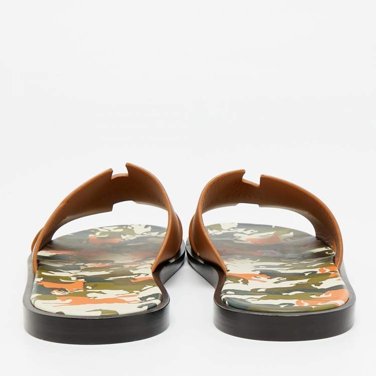 Hermes Brown Leather Izmir Flat Slides Size 42