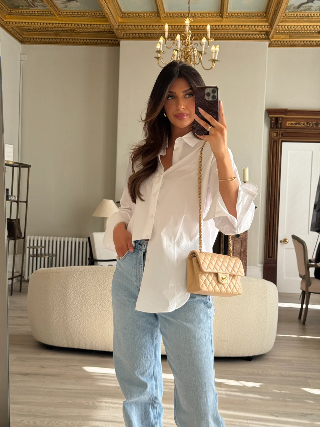 CHANEL SMALL CLASSIC DOUBLE FLAP IN BEIGE LAMBSKIN WITH GHW