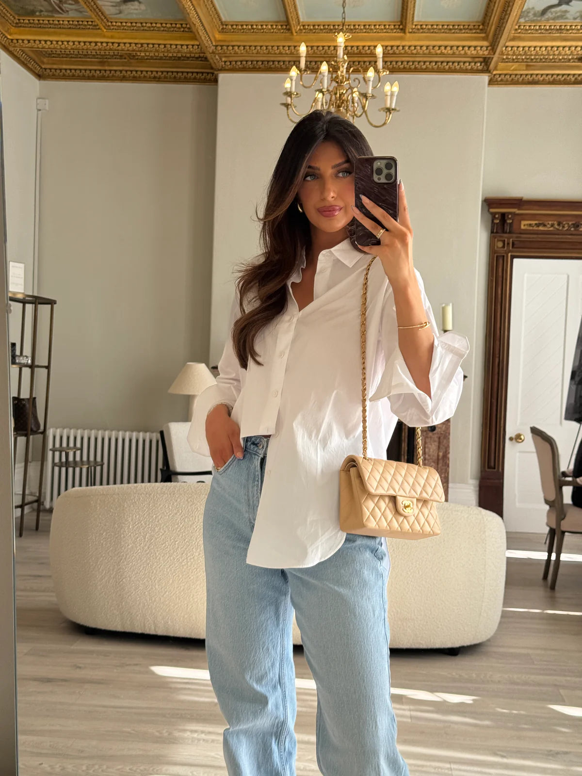 CHANEL SMALL CLASSIC DOUBLE FLAP IN BEIGE LAMBSKIN WITH GHW