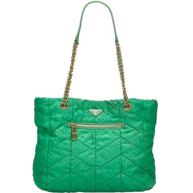 Prada Green Quilted Tessuto Nylon Shopper Tote