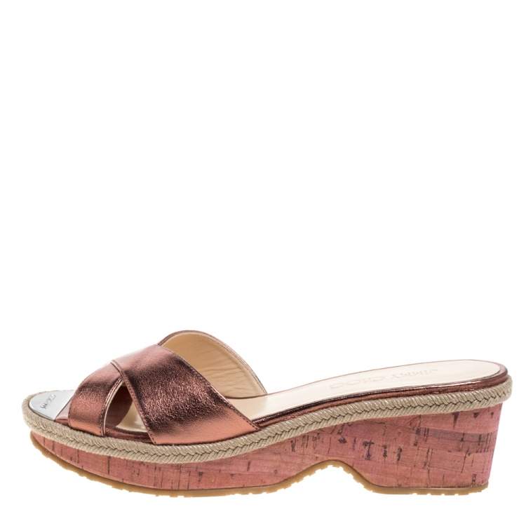 Jimmy Choo Metallic Bronze Leather Prima Cork Wedge Slide Sandals Size 38