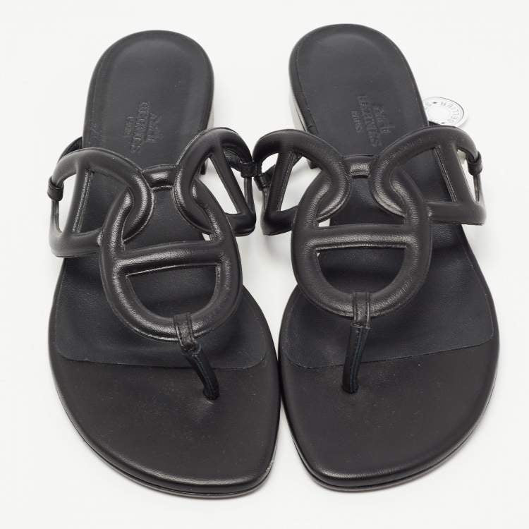 Hermes Black Leather Beach Flat Slides Size 37