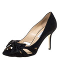 Jimmy Choo Black Suede Talva Crystal Embellished Bow Peep Toe Pumps Size 39