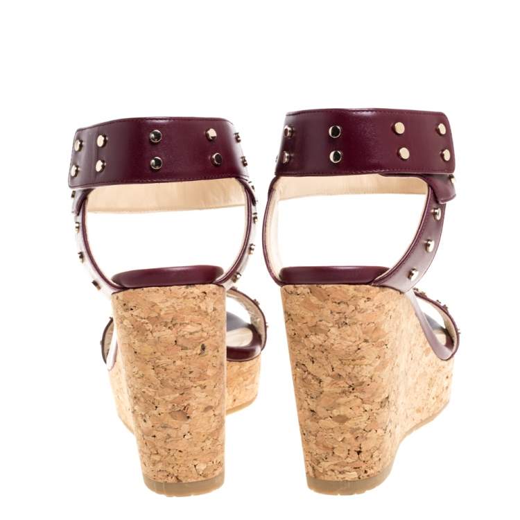 Jimmy Choo Maroon Studded Leather Veto Wedge Platform Sandals Size 38.5
