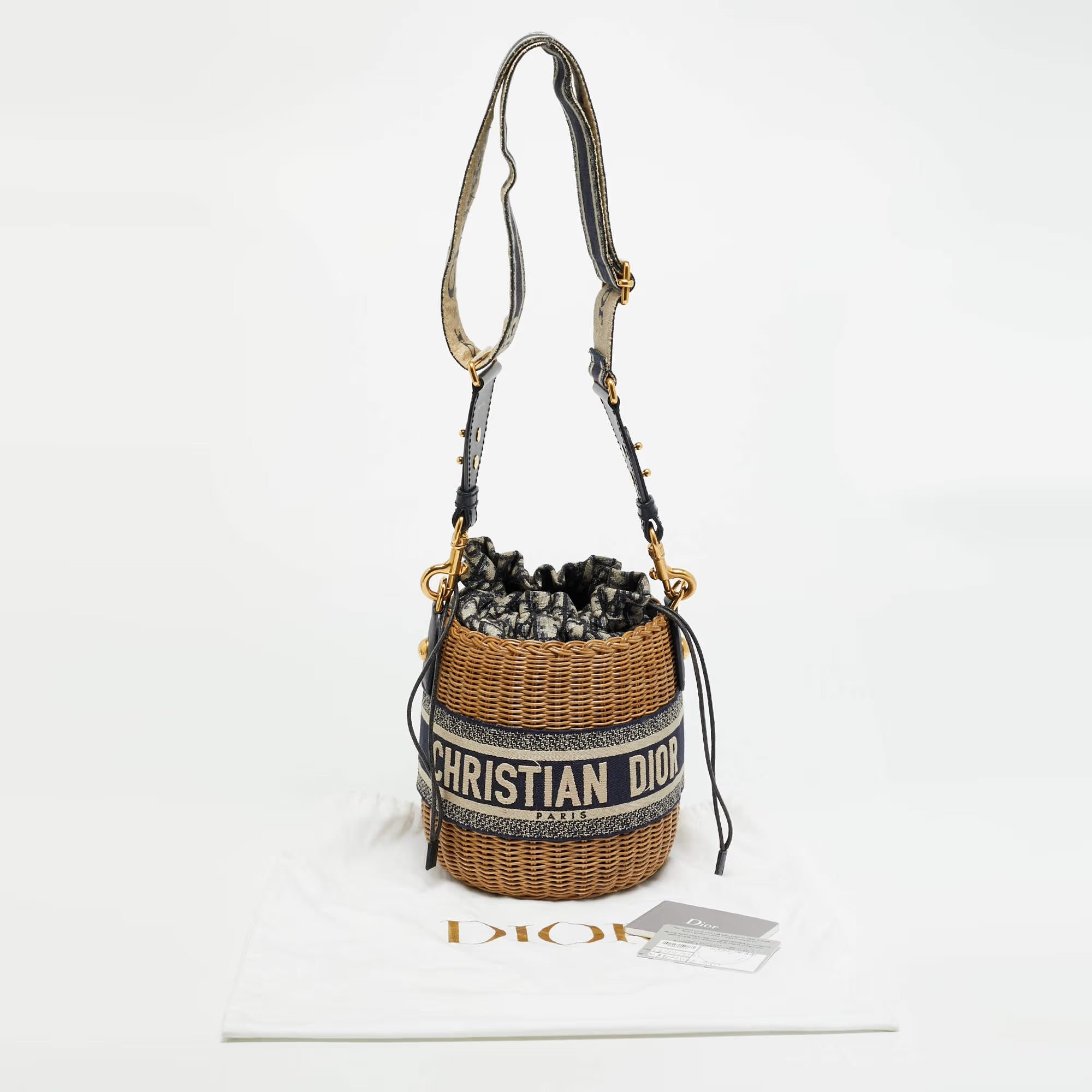 Dior Wicker Drawstring Navy Blue Oblique Canvas and Rattan Bucket Bag