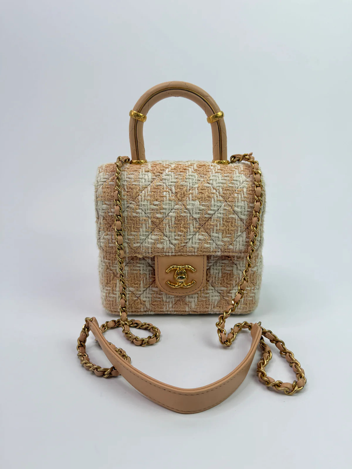 CHANEL MINI SQUARE FLAP WITH TOP HANDLE ANTIQUE GOLD HARDWARE