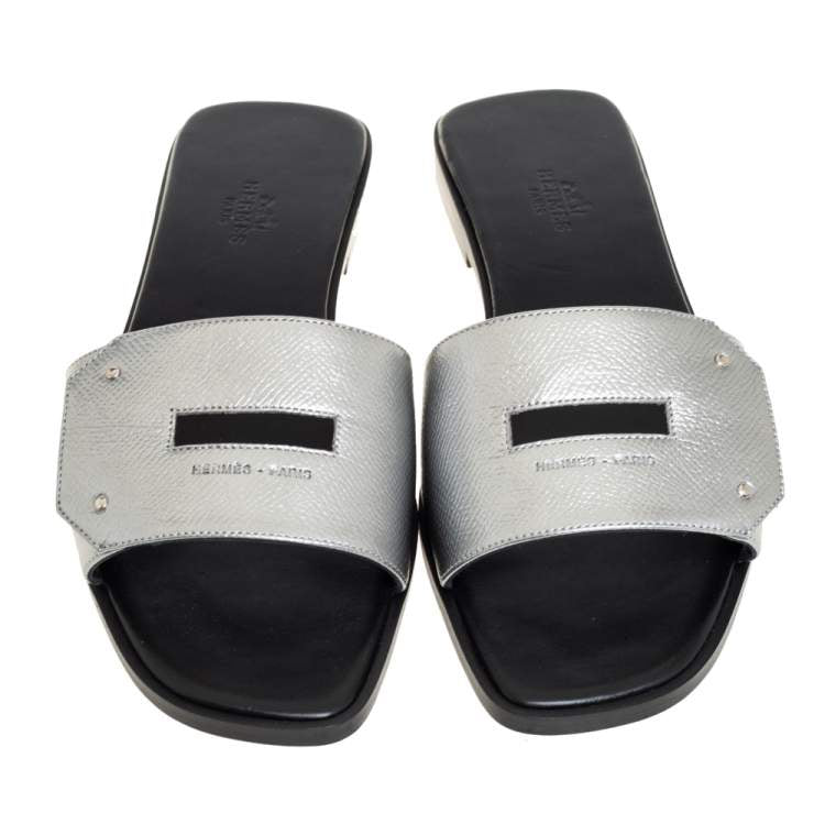 Hermes Silver Leather Flat Slides Size 38.5