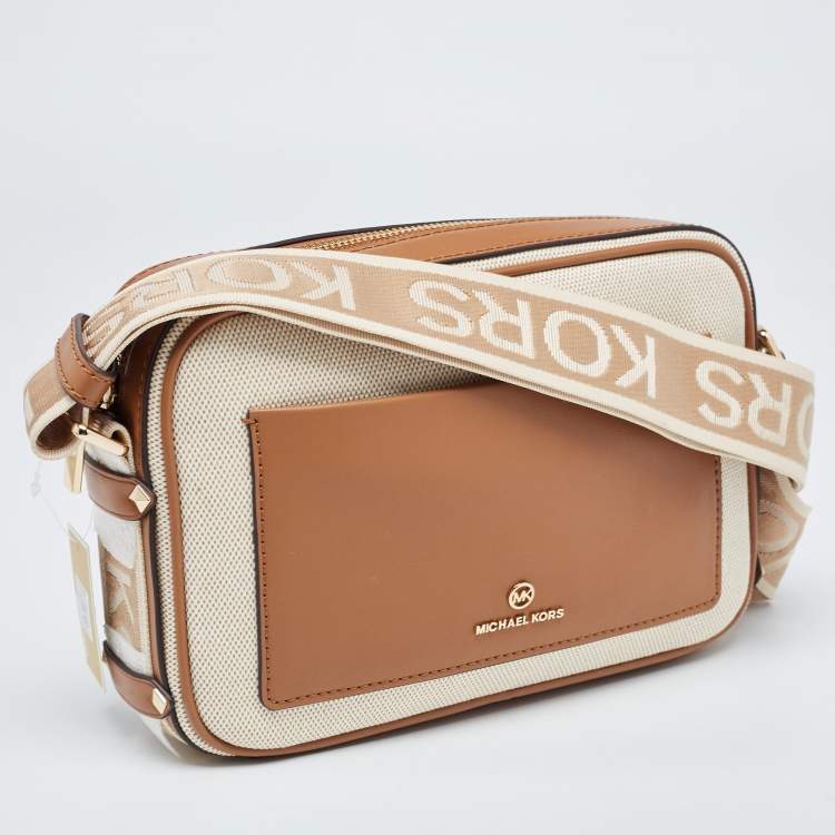 Michael Kors Beige/Tan Canvas And Leather Maeve Crossbody Bag