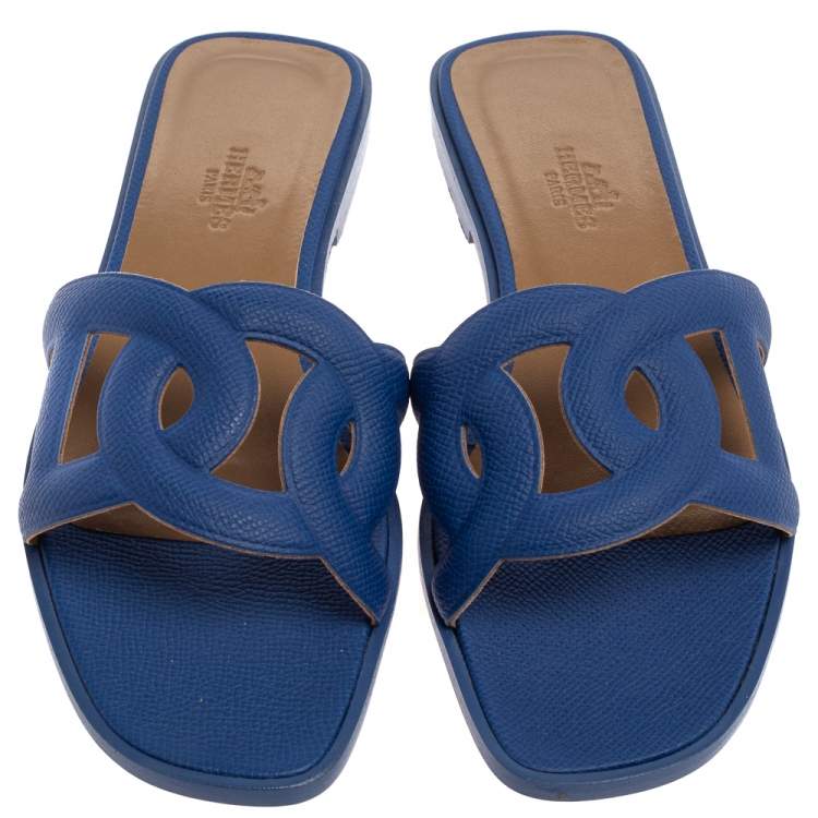 Hermes Blue Leather Omaha Sandals Size 37.5