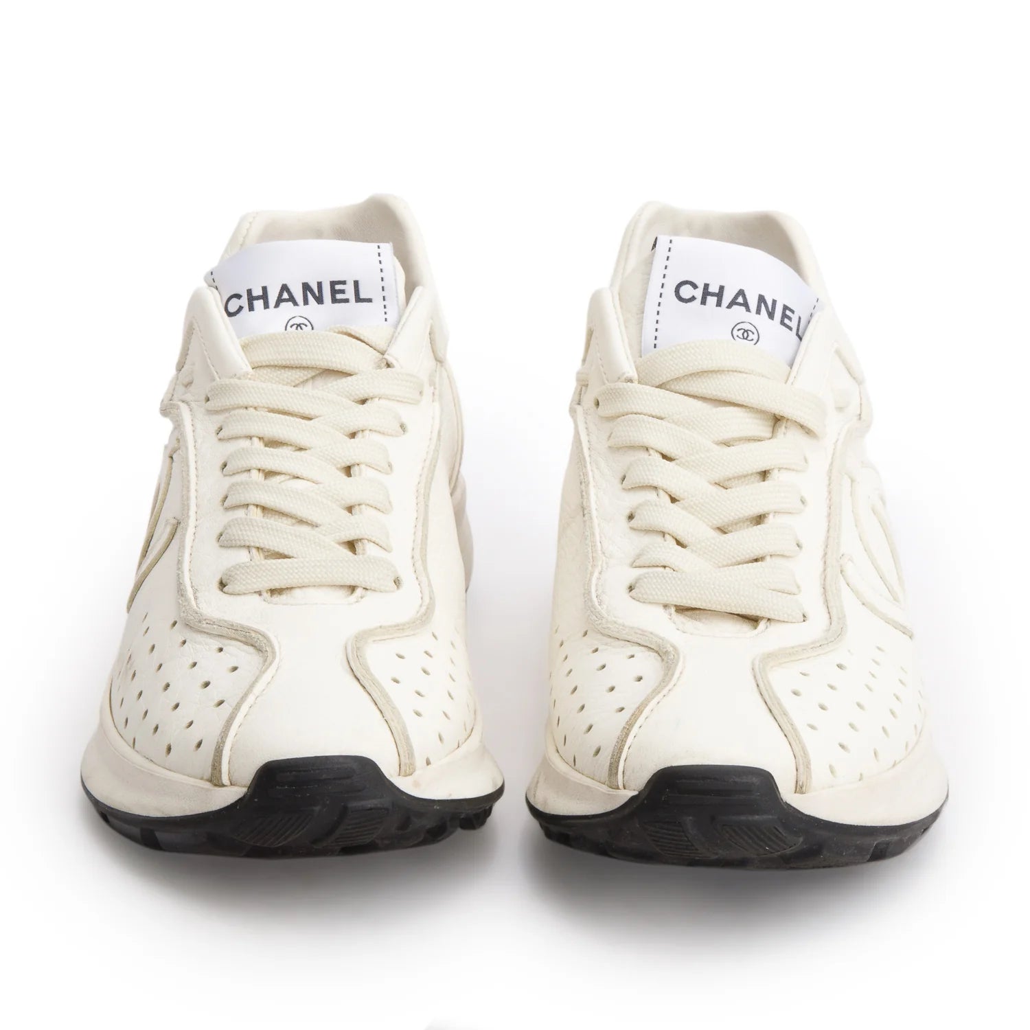 Chanel Cream Calfskin CC Sneakers, Women's Size 37