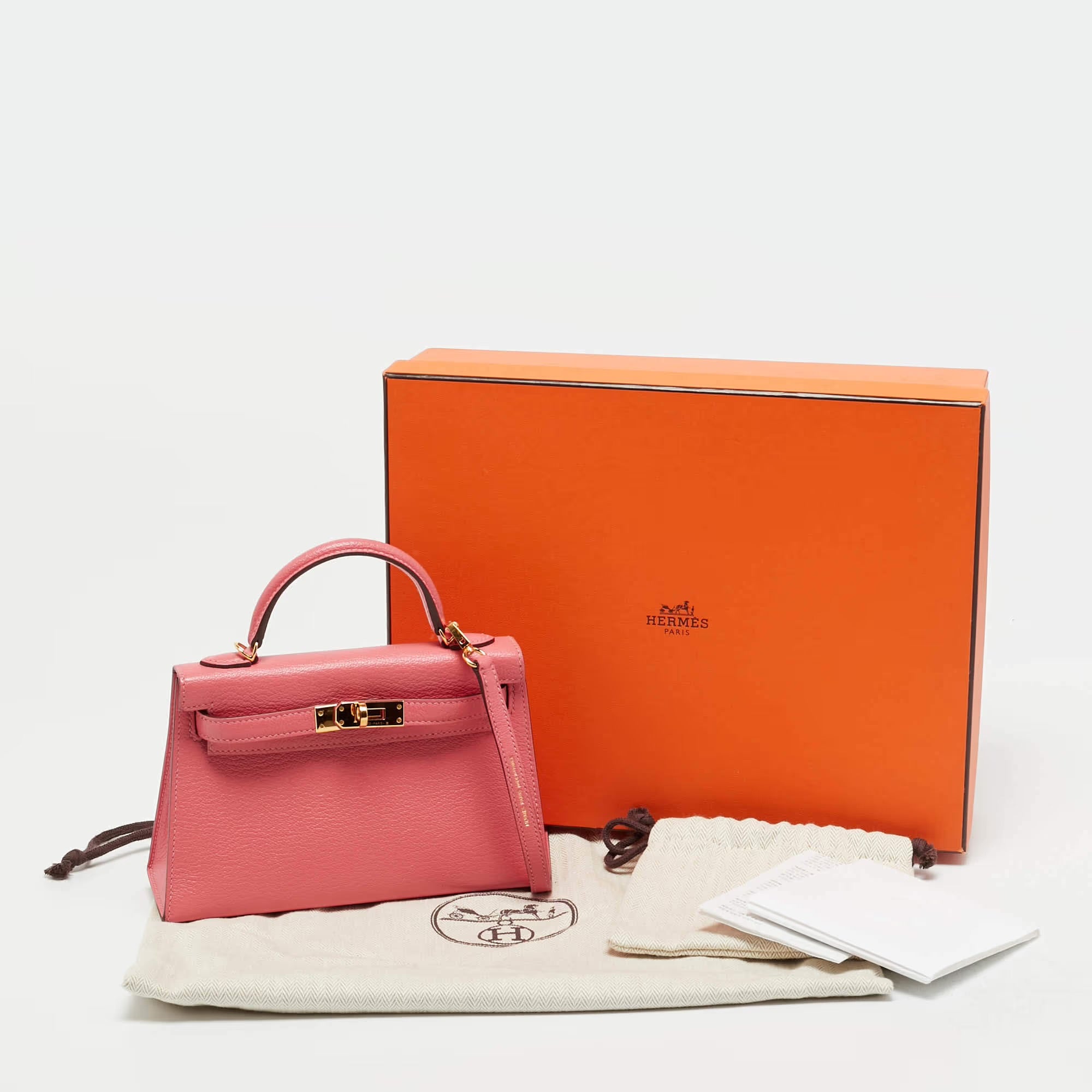 Hermes Kelly II Sellier Mini 20 Gold Finish Rose Azalee Chevre Leather Top Handle Bag