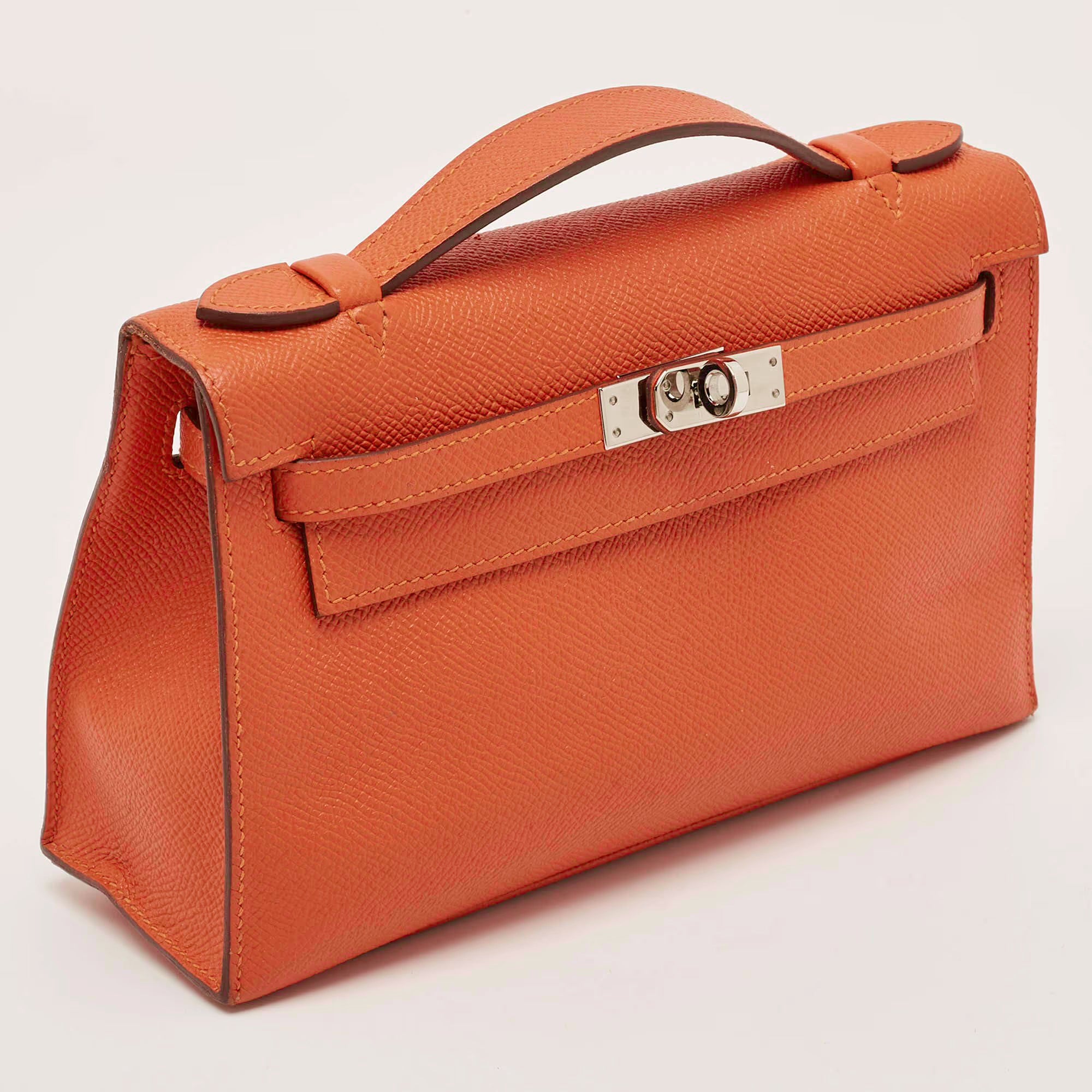 Hermes Kelly Palladium Finish Orange Poppy Epsom Leather Pochette