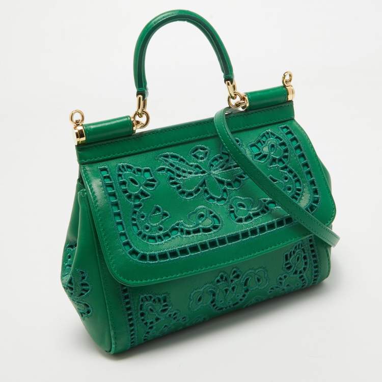 Dolce & Gabbana Green Leather Small Embroidered Miss Sicily Top Handle Bag