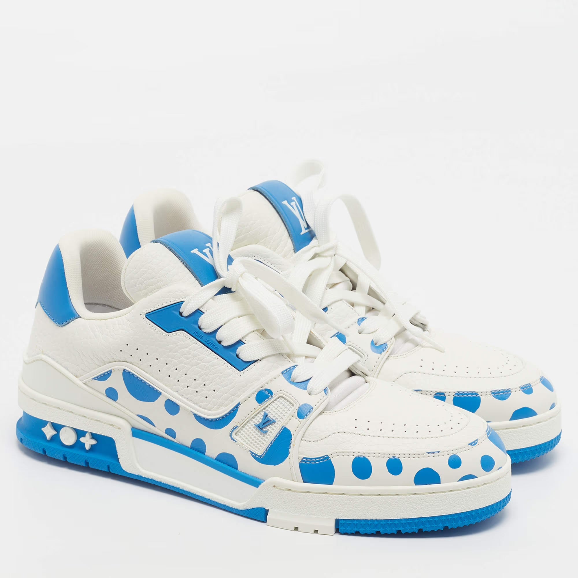 Louis Vuitton Yayoi Kusama X Trainer Size 41 White/Blue Leather Lace Up Sneakers