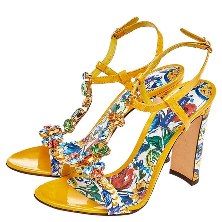 Dolce & Gabbana Yellow/Cream Floral Print Patent Leather Embellished Sandals Size 38