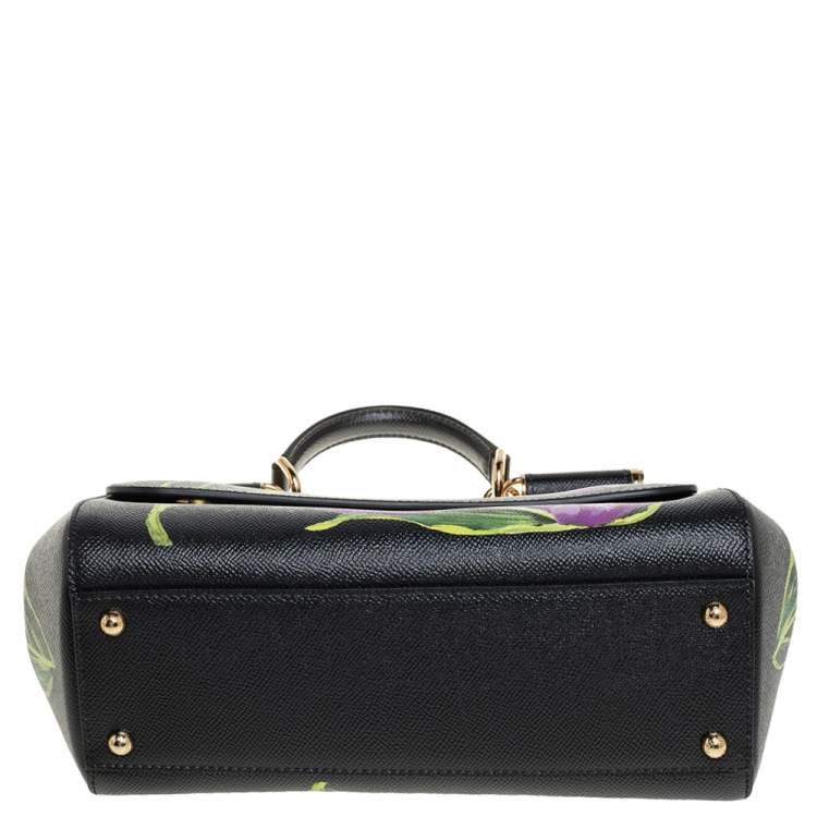 Dolce & Gabbana Black Tulip Print Leather Medium Miss Sicily Top Handle Bag
