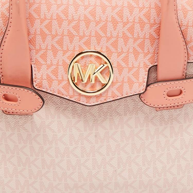 Michael Kors Pink/Peach Signature Coated Canvas Medium Carmen Flap Satchel
