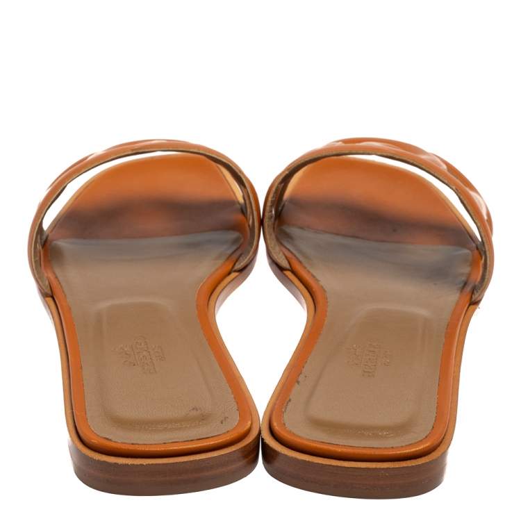 Hermes Tan Leather Omaha Flat Slides Size 38