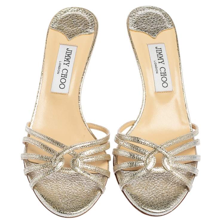 Jimmy Choo Metallic Silver Crinkled Leather Gillian Slide Sandals Size 37.5