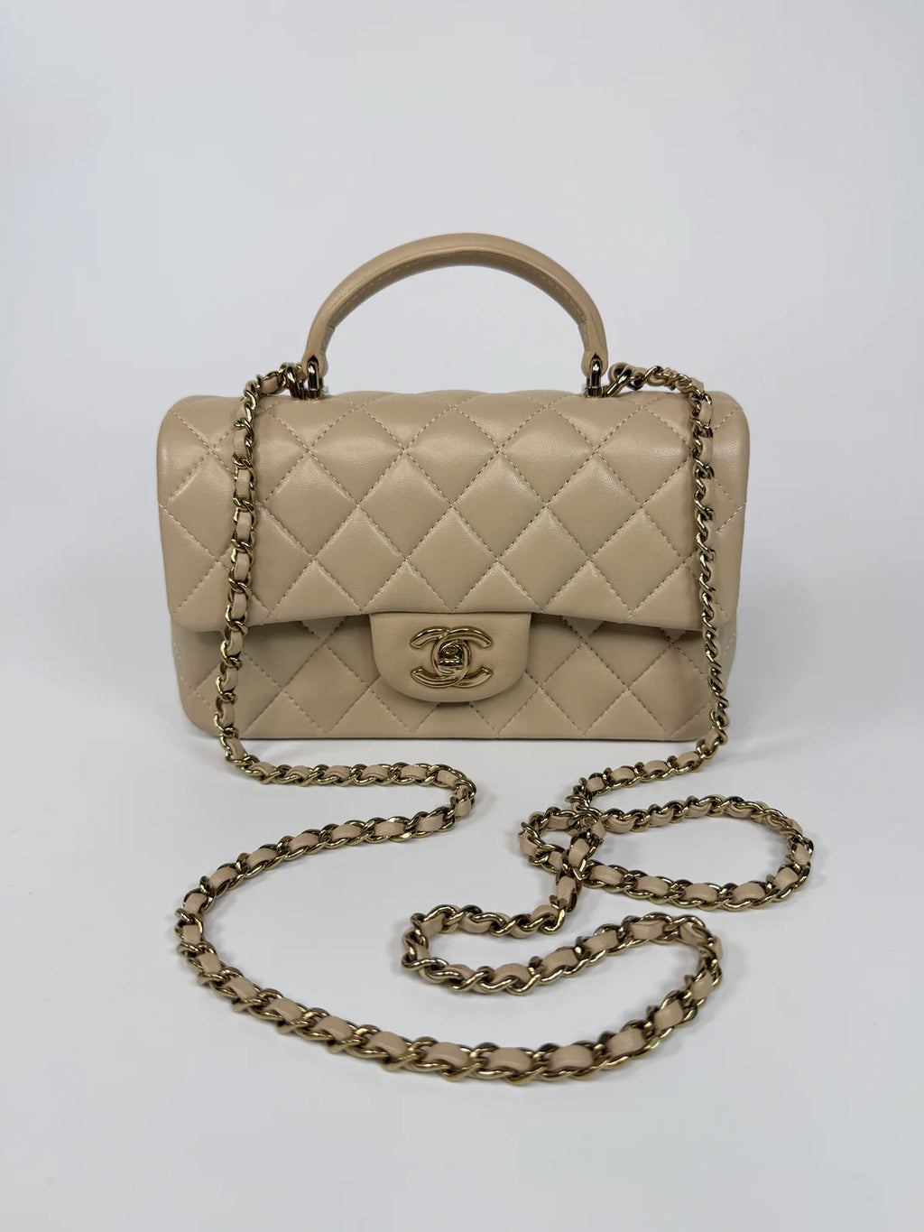 CHANEL MINI RECTANGLE TOP HANDLE IN ECRU LAMBSKIN LEATHER WITH GHW