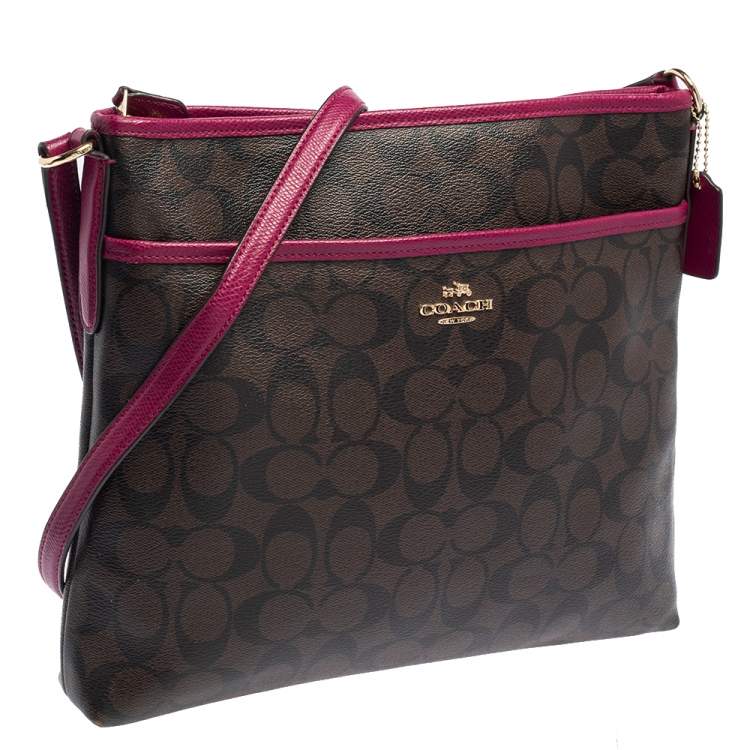 Coach Fuchsia/Brown Signature Coated Canvas and Leather Crossbody Bag