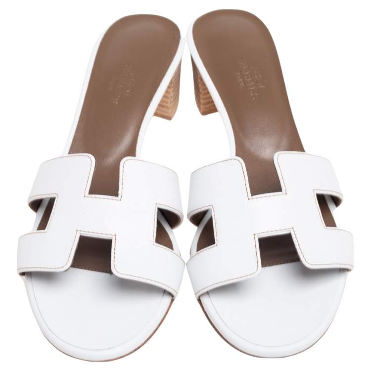 Hermes White Leather Oasis Slide Sandals Size 37.5