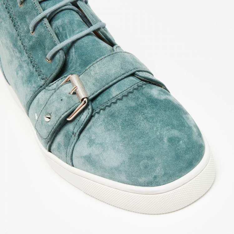 Christian Louboutin Teal Suede Nono Strap Belted Buckle Logo Hi-Top Sneakers Size 43.5