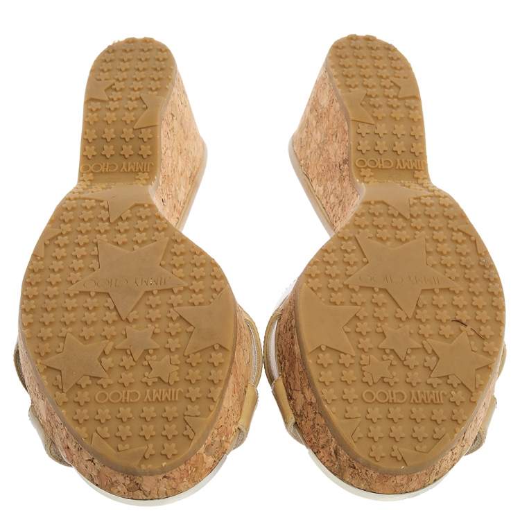 Jimmy Choo Beige Patent Leather Perfume Cork Wedge Platform Slide Sandals Size 38