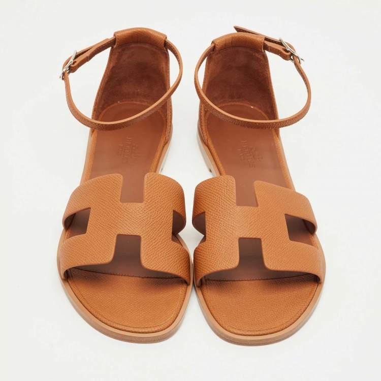 Hermes Brown Leather Santorini Ankle Strap Sandals Size 38