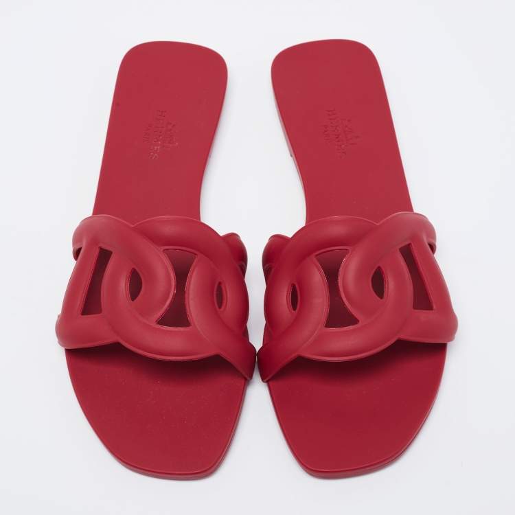 Hermes Burgundy Rubber Aloha Flat Slides Size 37