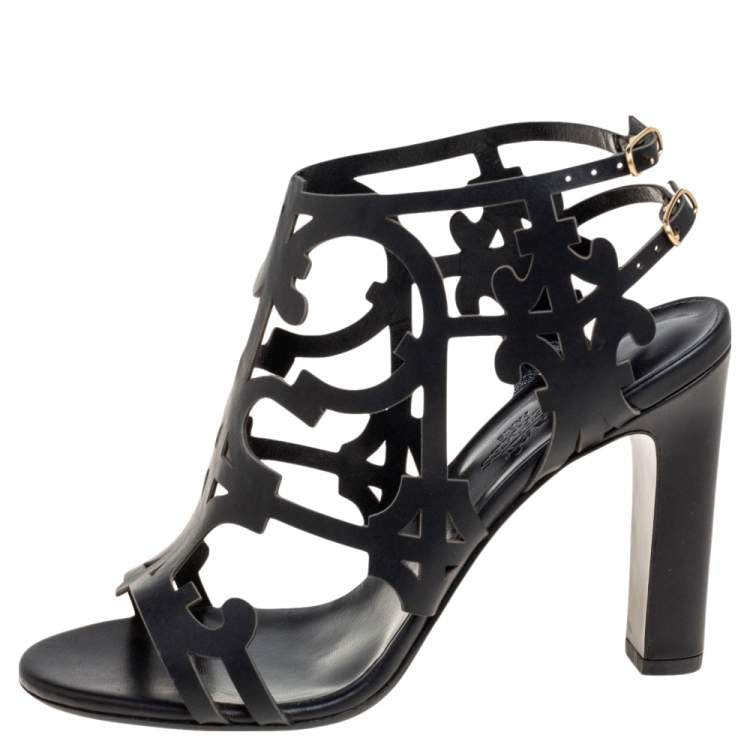 Hermes Black Leather Keira Ankle Sandals Size 37