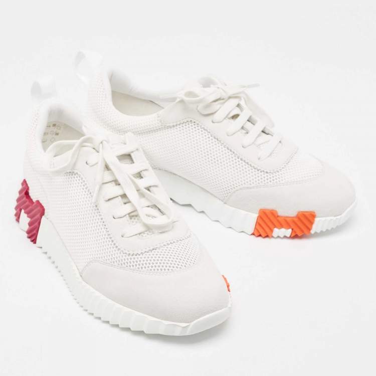 Hermes White Suede and Mesh Bouncing Sneakers Size 37