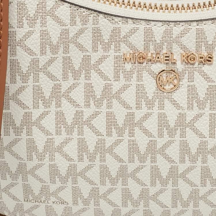 Michael Kors White/Brown Signature Coated Canvas and Leather Jet Set Charm Pochette Bag