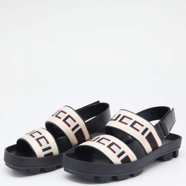 Gucci White Stripe Logo Canvas Slingback Sandals Size 40