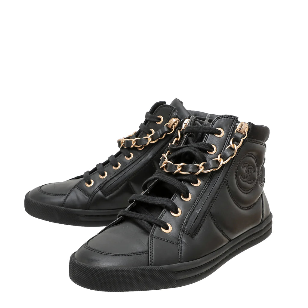 Chanel Black Double Zip Chain Detail High Top Sneakers 36