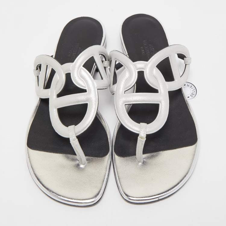 Hermes Metallic Grey Laminated Suede Beach Flat Slides Size 37