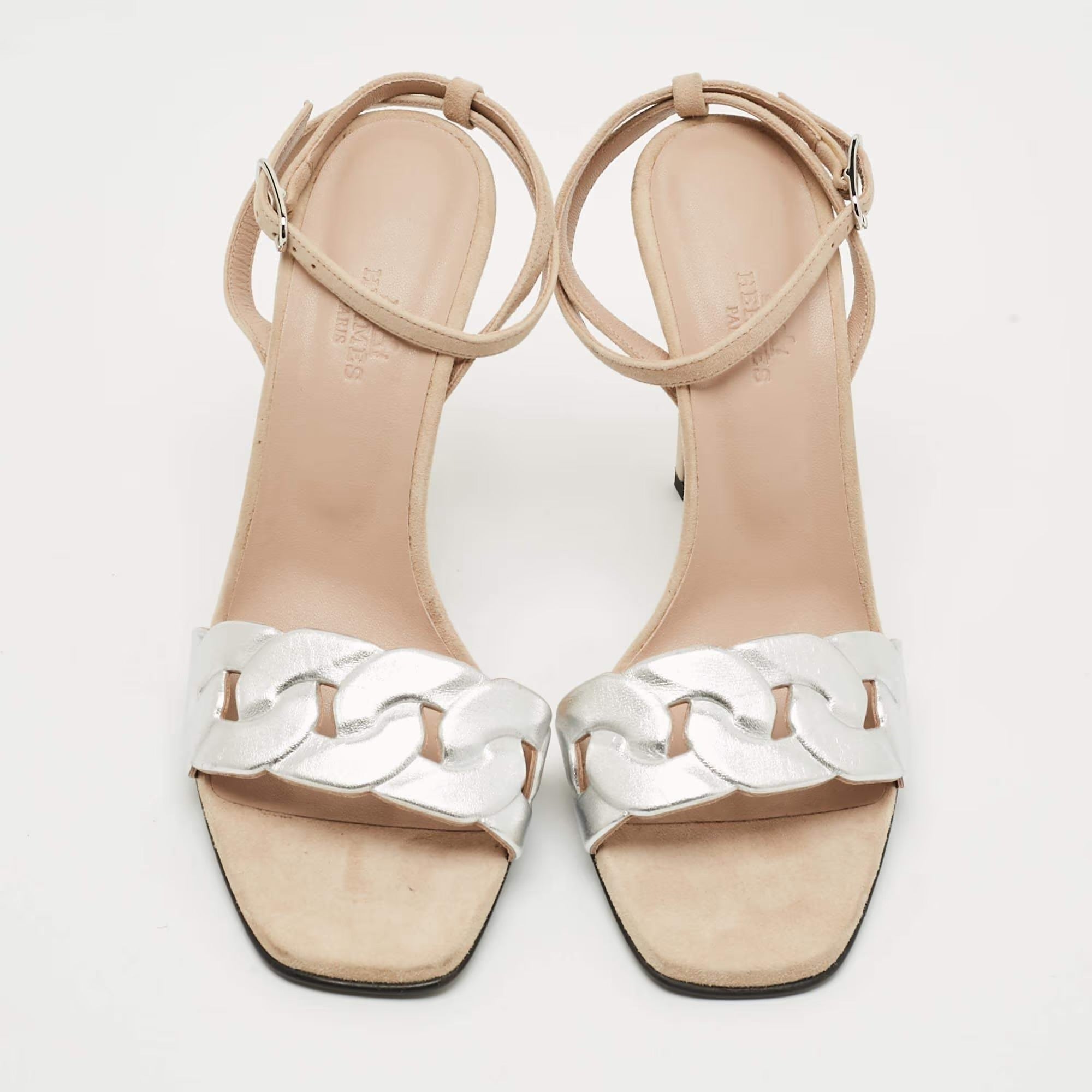 Hermès Gala 105 Size 38 Silver Leather and Suede Ankle Strap Sandals