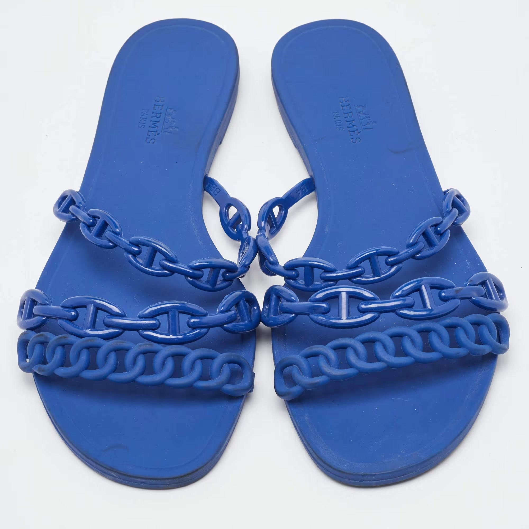 Hermes Blue Rubber Chaine d'Ancre Rivage Flat Slide Sandals Size 39