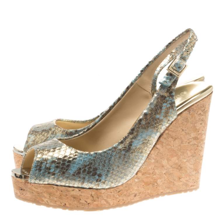 Jimmy Choo Metallic Tea Rose Mix Embossed Python Leather Prova Slingback Cork Wedge Sandals Size 38.5