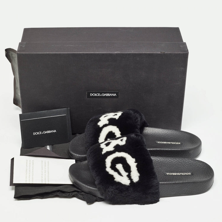 Dolce & Gabbana Black Fur Logo Print Slides Size 37
