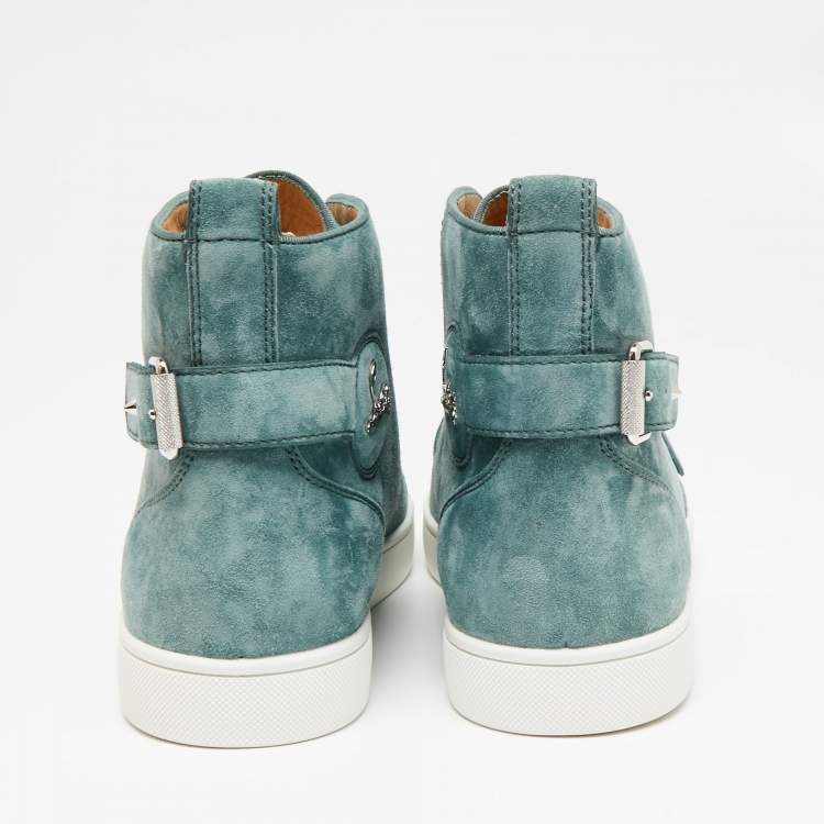 Christian Louboutin Teal Suede Nono Strap Belted Buckle Logo Hi-Top Sneakers Size 43.5