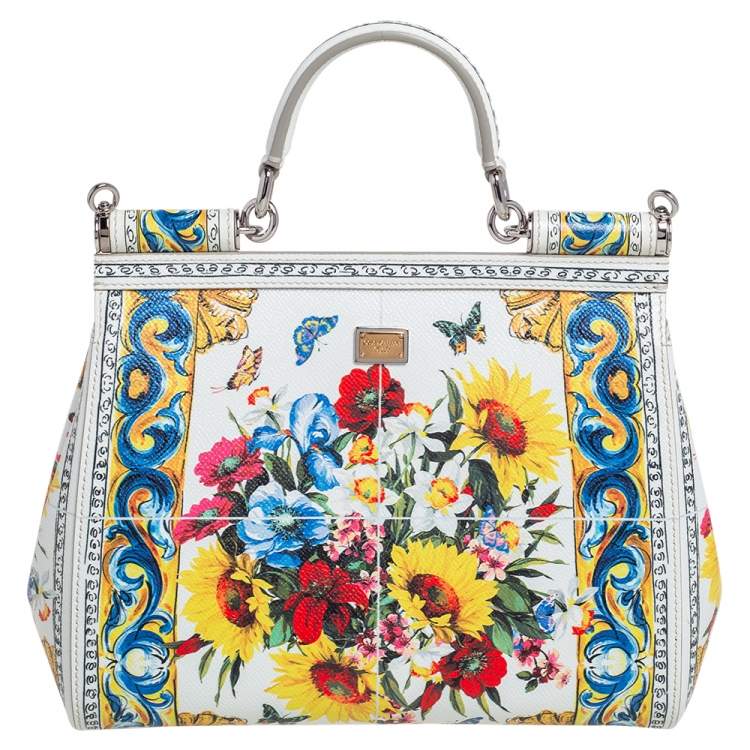 Dolce & Gabbana White/Multicolor Floral Print Leather Medium Miss Sicily Top Handle Bag