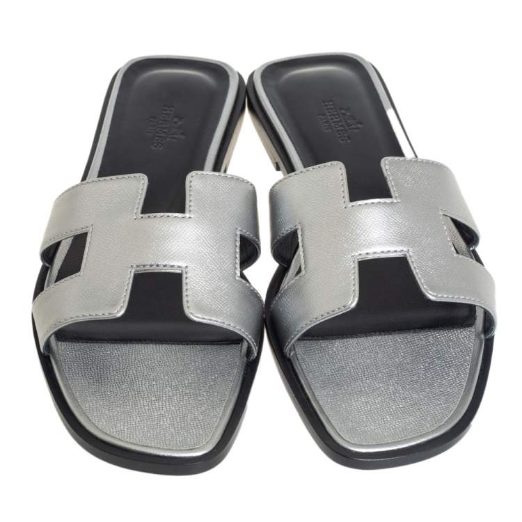 Hermes Silver Leather Oran Flat Slides Size 38