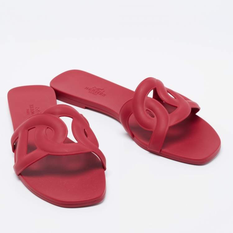 Hermes Burgundy Rubber Aloha Flat Slides Size 37