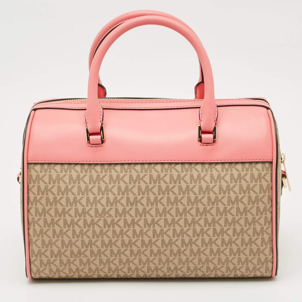 Michael Kors Tea Rose/Beige Signature Coated Canvas Medium Travel Duffle Bag