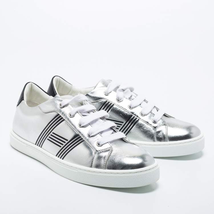 Hermes Silver Leather Avantage Low Top Sneakers Size 40