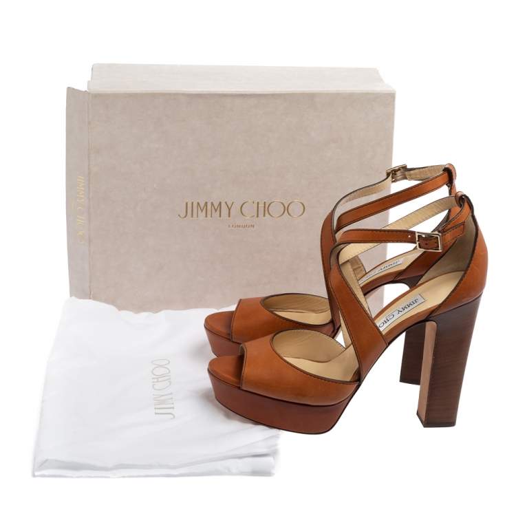 Jimmy Choo Tan Leather April Cross Strap Platform Sandals Size 40.5