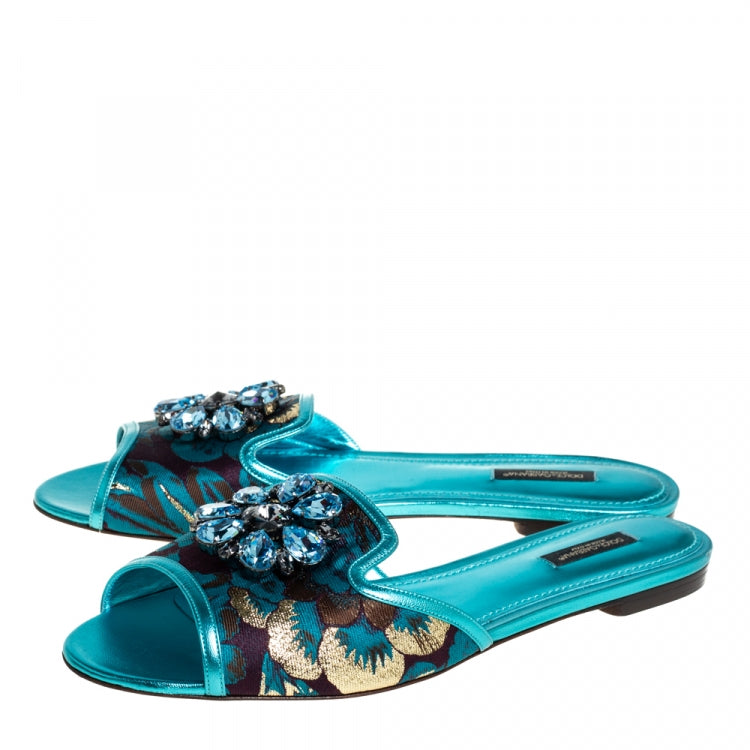 Dolce & Gabbana Metallic Blue Brocade Fabric And Leather Sofia Crystal Embellished Flat Slides Size 41