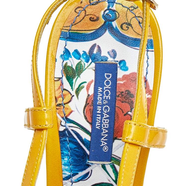 Dolce & Gabbana Yellow/Cream Floral Print Patent Leather Embellished Sandals Size 38